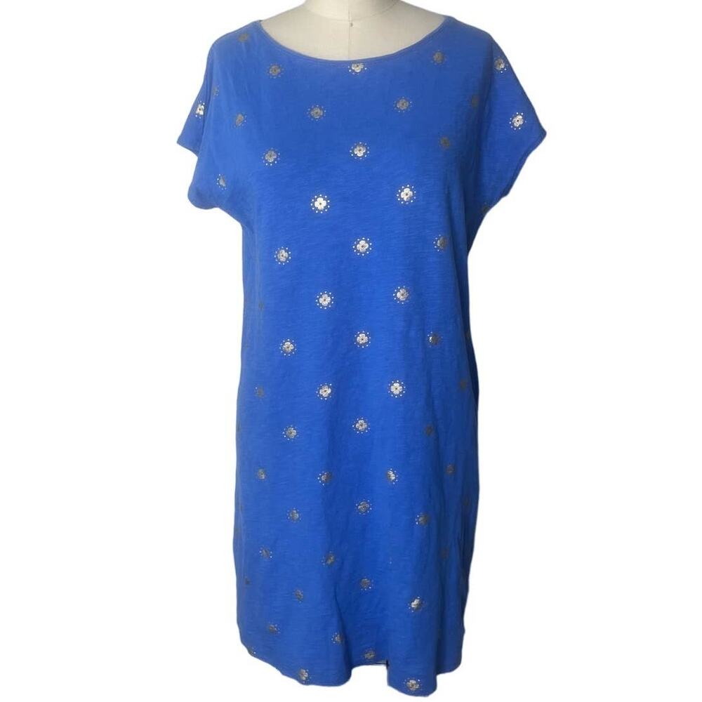 Boden Paulina Jersey Blue Short Sleeve Dress With Silver Flowers US 8L